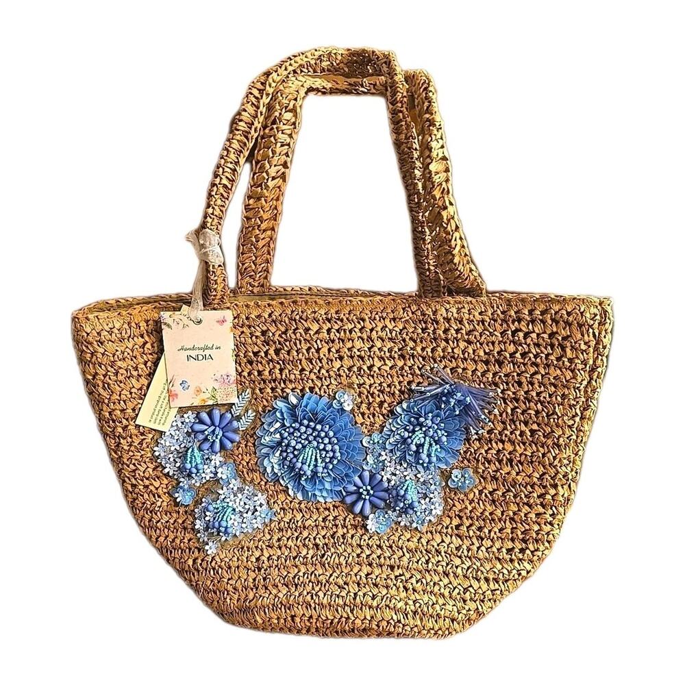 NWT Brown Floral Viral Beaded Handcrafted Made India Woven Tote Shoulder Handbag